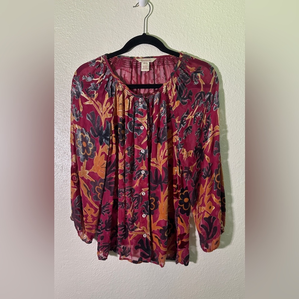 Sundance Silk Rayon Burnout Velvet Peasant Blouse Red Floral Smocked Blouse XS